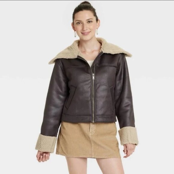 Women's Faux Leather Shearling Jacket - Universal Thread Brown XS - Picture 2 of 2